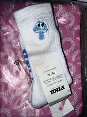 Set of PINK Victoria's Secret White Crew Socks with Blue Mushroom Accent-2 pairs